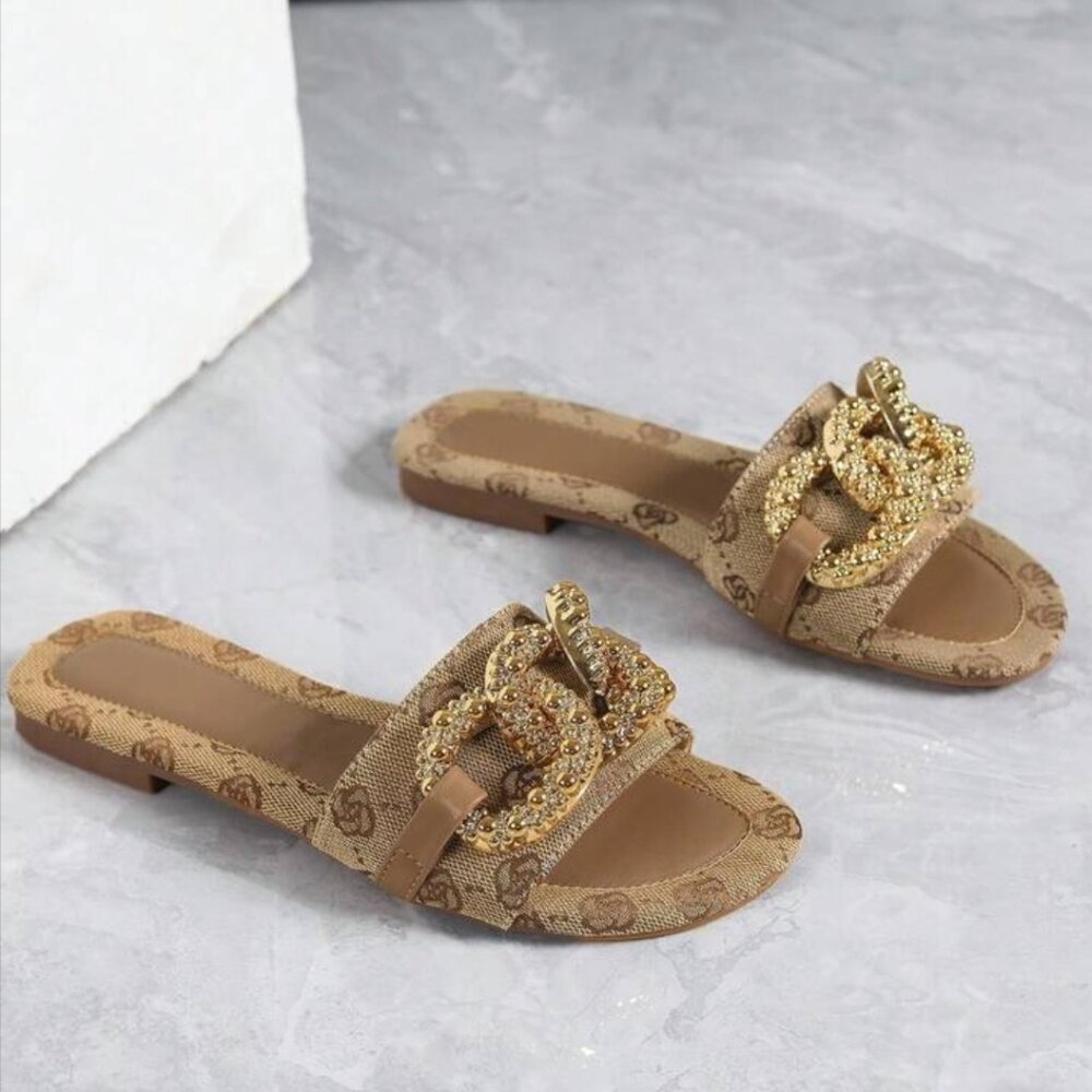 Elegant Brown Slip-On Sandal with Gold Accents